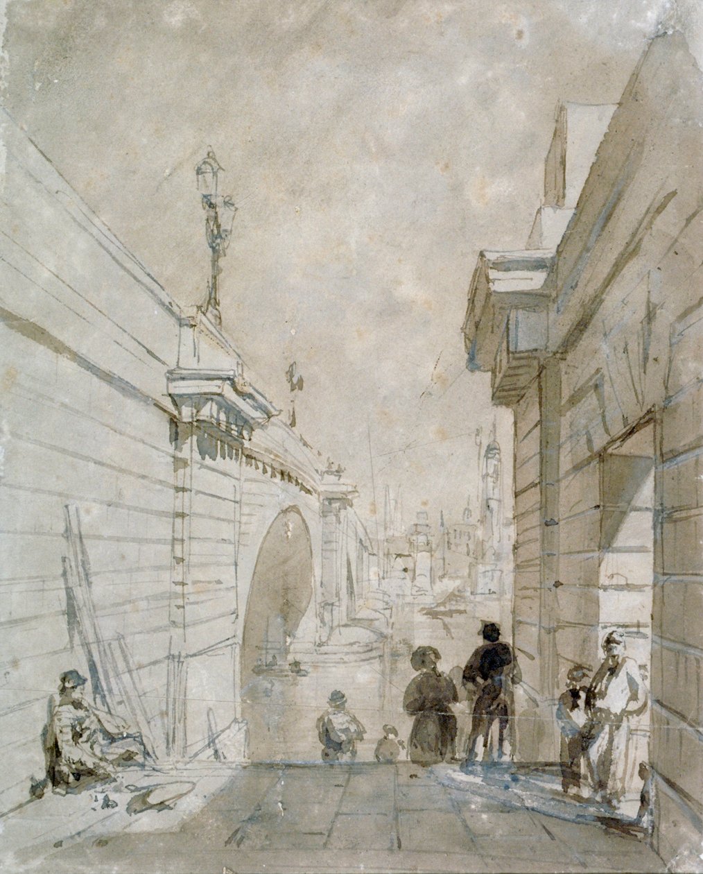 A London Bridge a Tooley Street közelében lévő lépcsők felső lépcsősorától északra néz, 1833 alkotó: Edward William Cooke