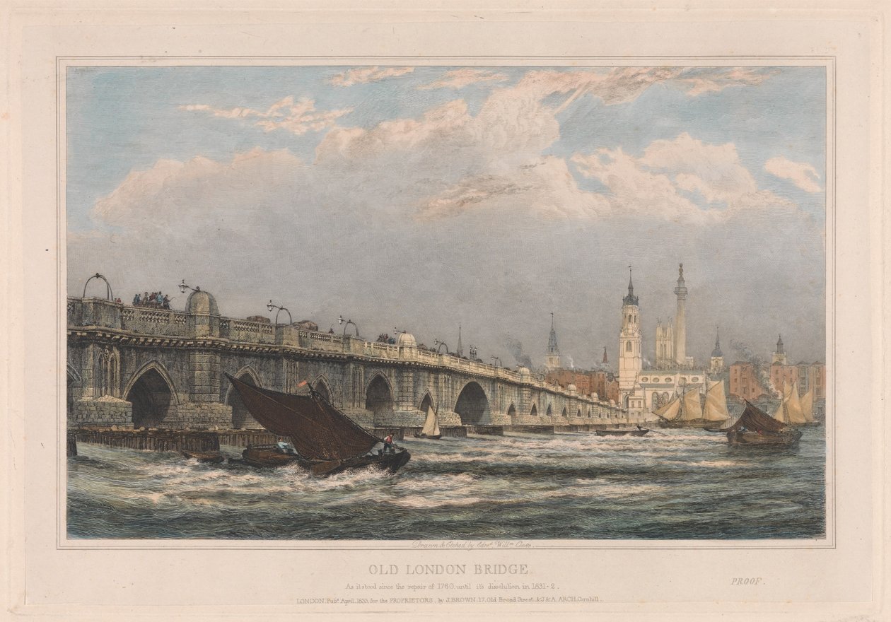 A régi London Bridge az 1700-as javítás után, 1831/1832-ig alkotó: Edward William Cooke