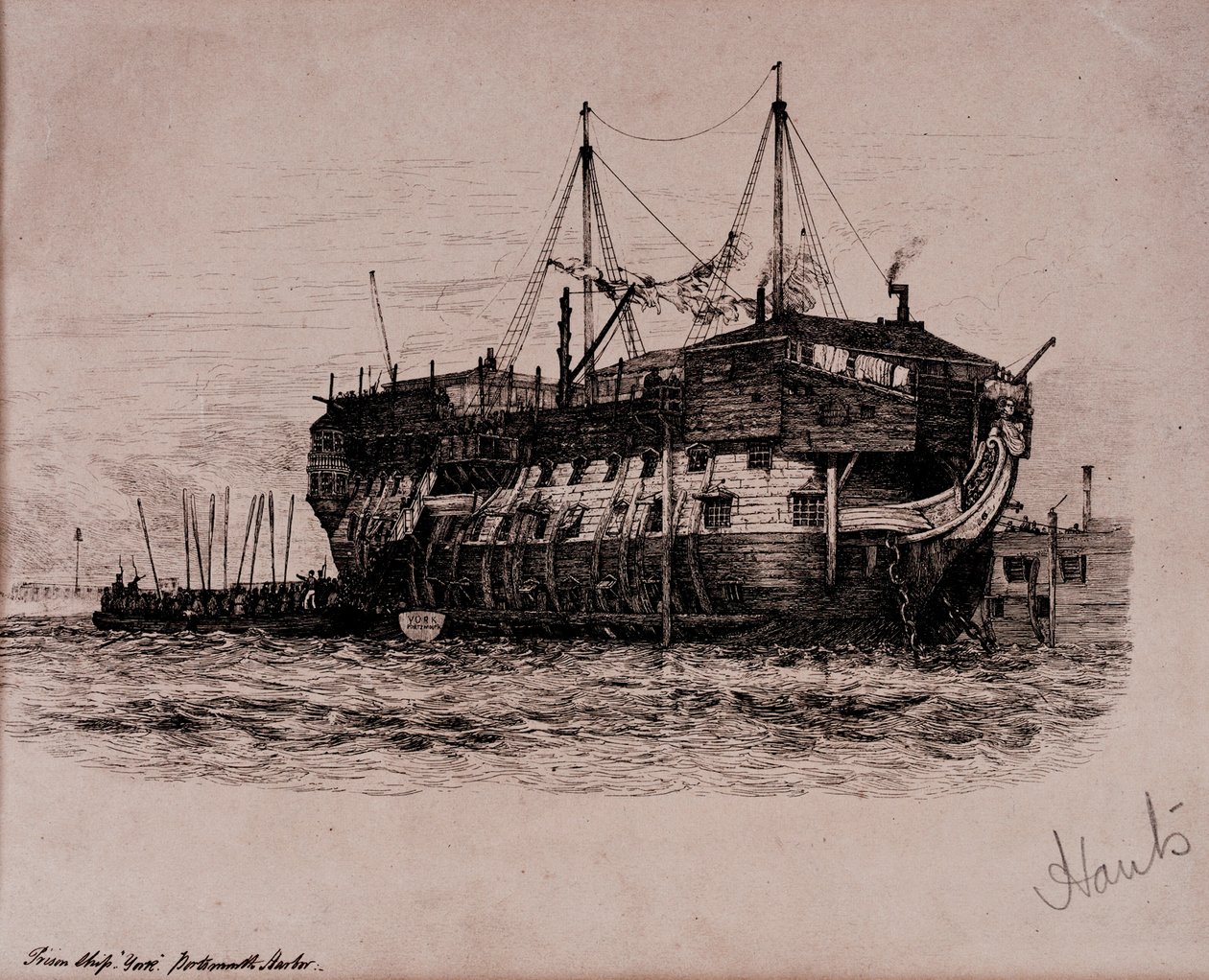 A "York" börtönhajó a portsmouthi kikötőben alkotó: Edward William Cooke