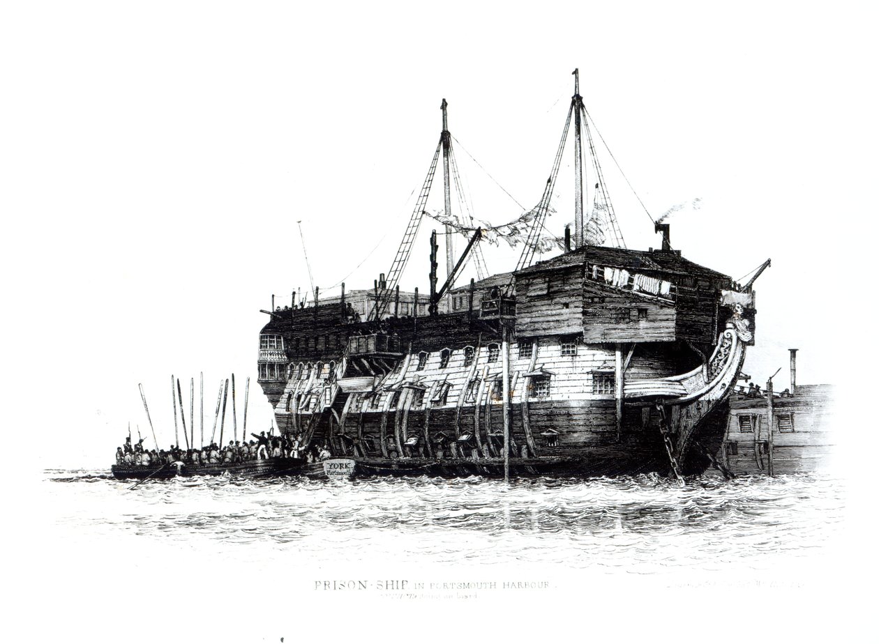 Börtönhajó Portsmouth kikötőjében: Elítéltek a fedélzeten, 1828 alkotó: Edward William Cooke