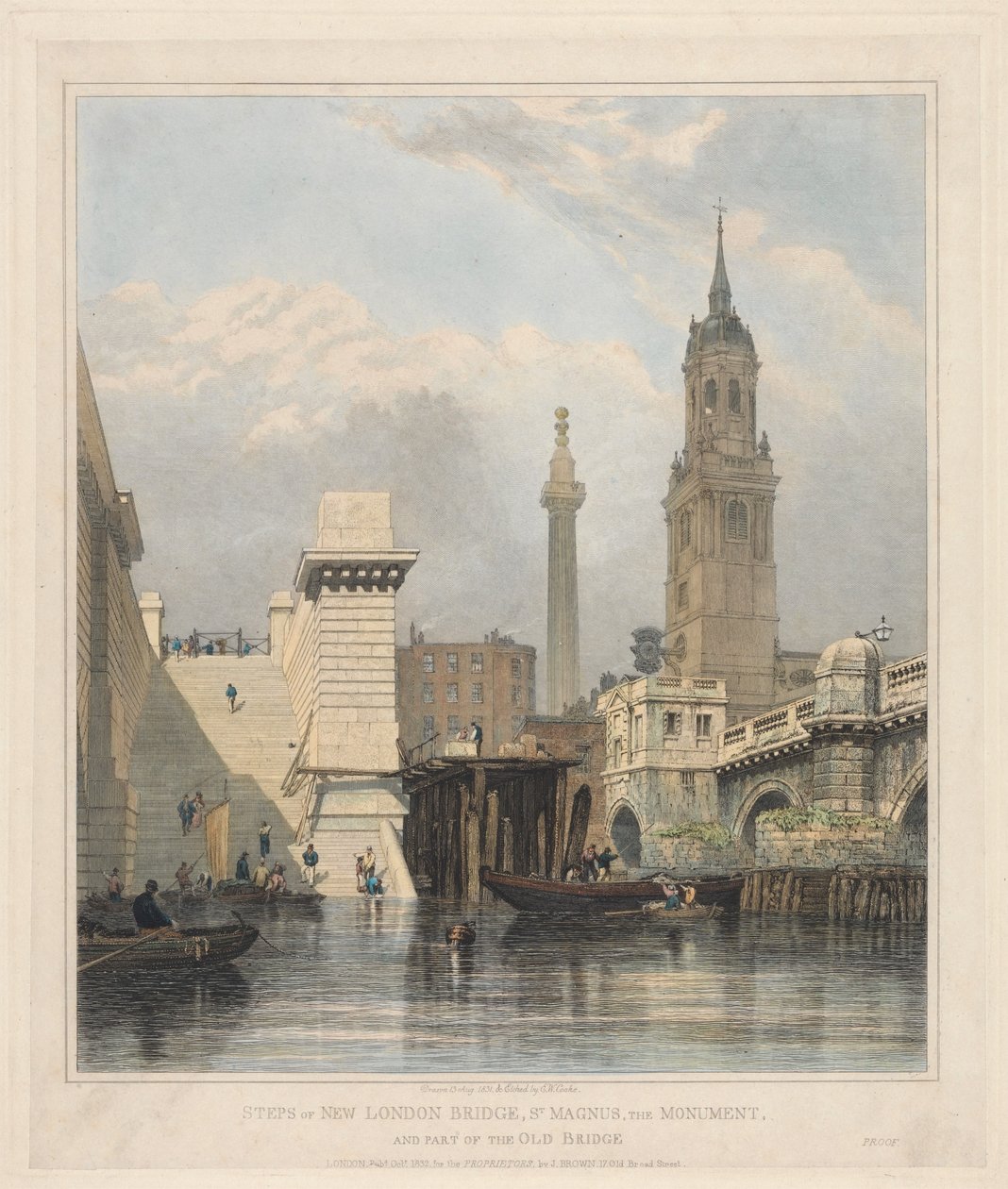 Az új London Bridge lépcsői, Szent Magnus, az emlékmű és a régi híd egy része alkotó: Edward William Cooke