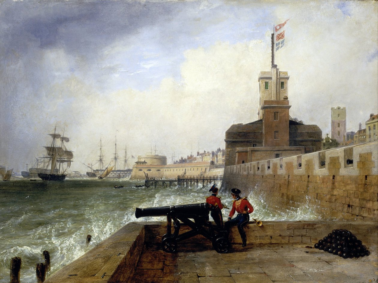 A szemafor torony Portsmouth (Anglia) kikötőjének bejáratánál, az üdülőplatformon, két katona ül a falon egy ágyú mellett, a háttérben a város és a móló leírása a kerek toronnyal. alkotó: Edward William Cooke