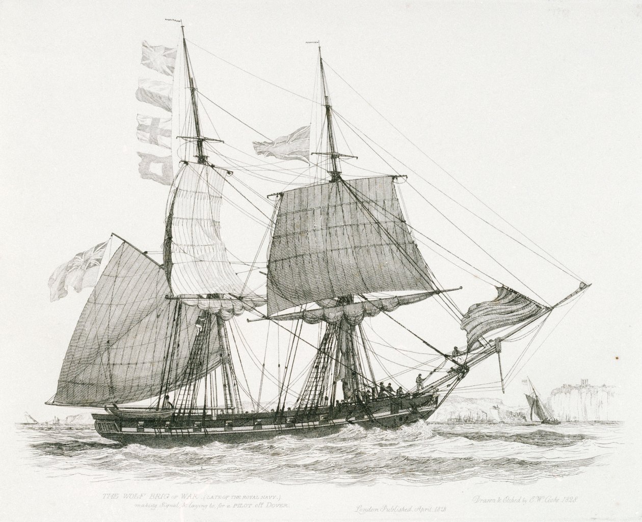 A "Wolf" (1826), vagy (1814), a királyi haditengerészet hadihajója, a doveri révész számára jelzést ad és vitorlázik Dover előtt. alkotó: Edward William Cooke