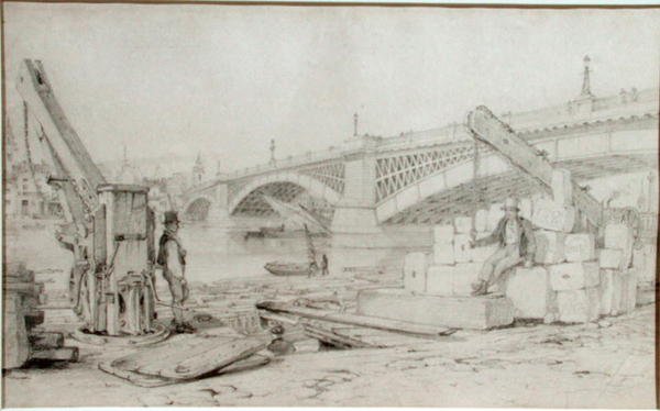 Kilátás a Southwark hídra és a Temze folyóra Bankside felől, két tartószerkezettel az előtérben alkotó: Edward William Cooke