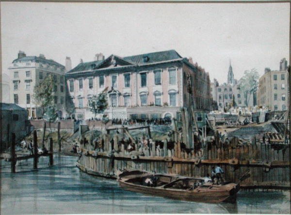 Kilátás a London Bridge cölöpverőit és emelőit körülvevő fakazettára alkotó: Edward William Cooke