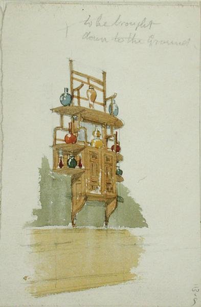 Terv egy majomszekrényhez, 1876 körül (akvarell és ceruza, papír) alkotó: Edward William Godwin
