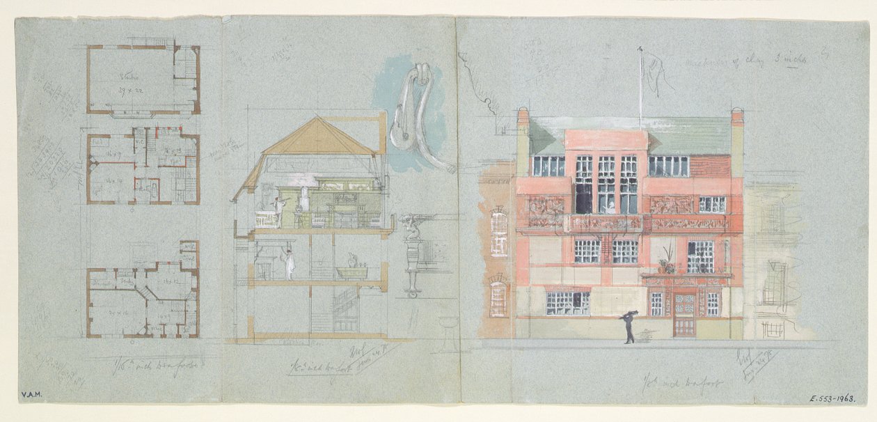 Frank Miles (1852-91) házának és stúdiójának homlokzata és szekciója, Tite Street, Chelsea, 1878-79 (wc és ceruza papíron) (lásd még: 176481-482, 176484-485) alkotó: Edward William Godwin