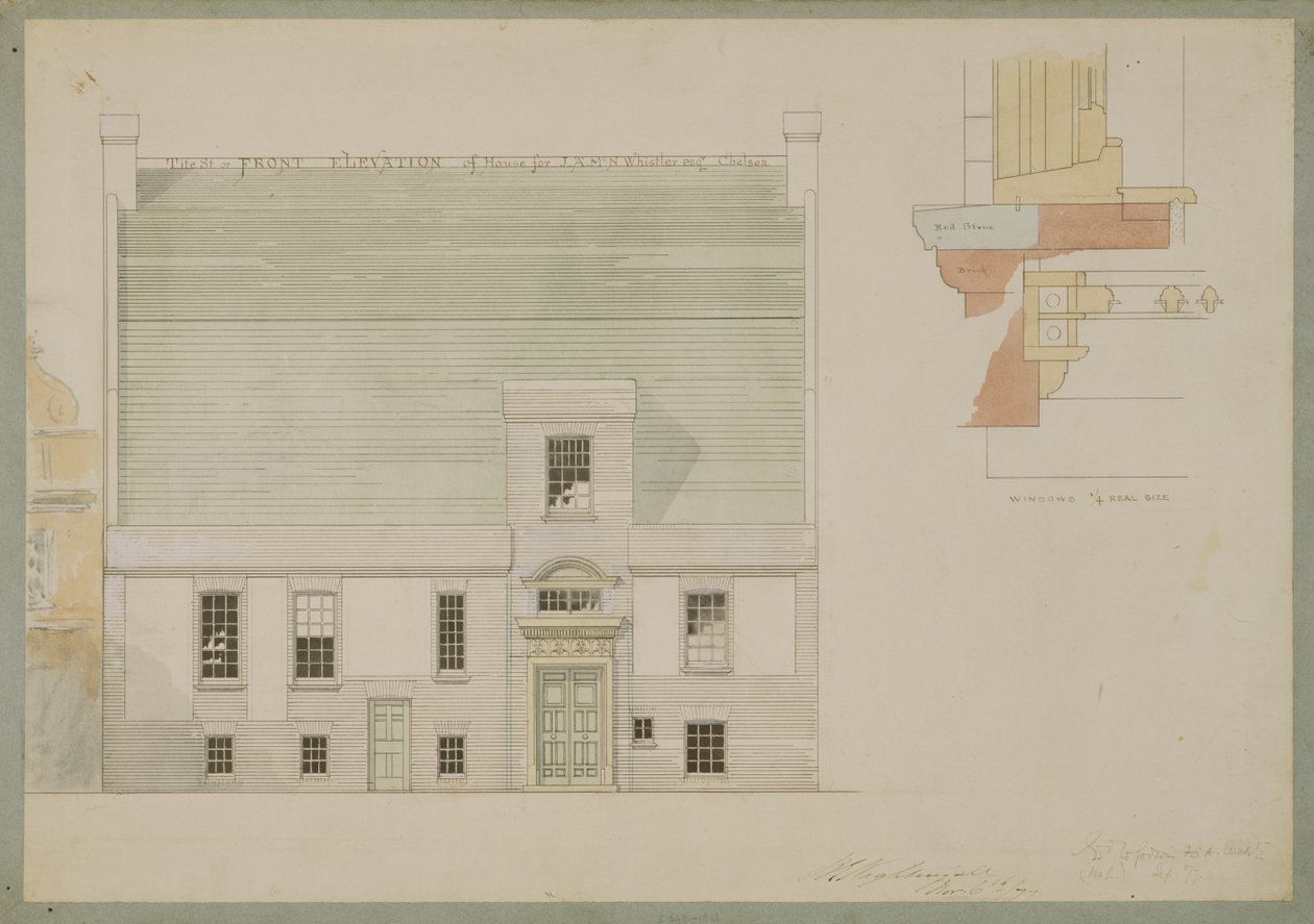 A ház homlokzata a J.A.M. Whistler Esq, Tite Street, Chelsea, 1877 (toll, tinta és wc papíron) (lásd még: 176476) alkotó: Edward William Godwin