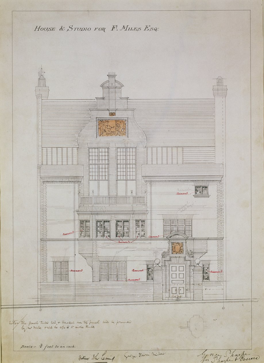 Munkarajz az F. Miles Esq házhoz és stúdióhoz, Tite Street, Chelsea, 1878-79 (wc és ceruza papíron) (lásd még: 176481, 176483-485) alkotó: Edward William Godwin