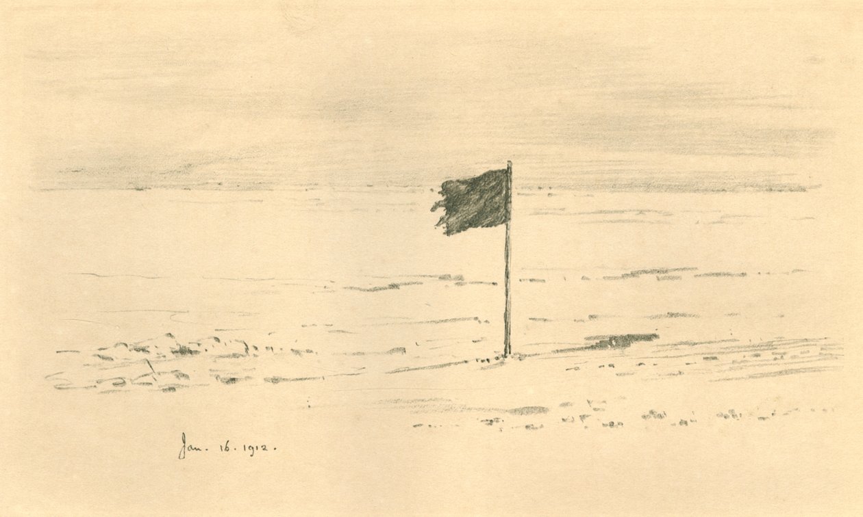 Fekete zászló tábor. - Amundsens fekete zászló néhány mérföldön belül a déli sarktól, 1912, 1913 alkotó: Charles Edward Wilson