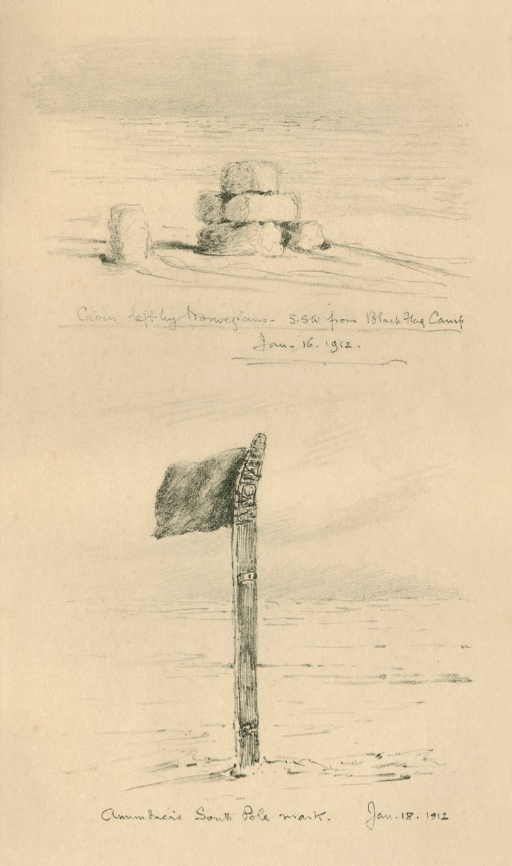 A norvégok által hagyott Cairn és Amundsens South Pole Mark, 1912. január, 1913. alkotó: Charles Edward Wilson