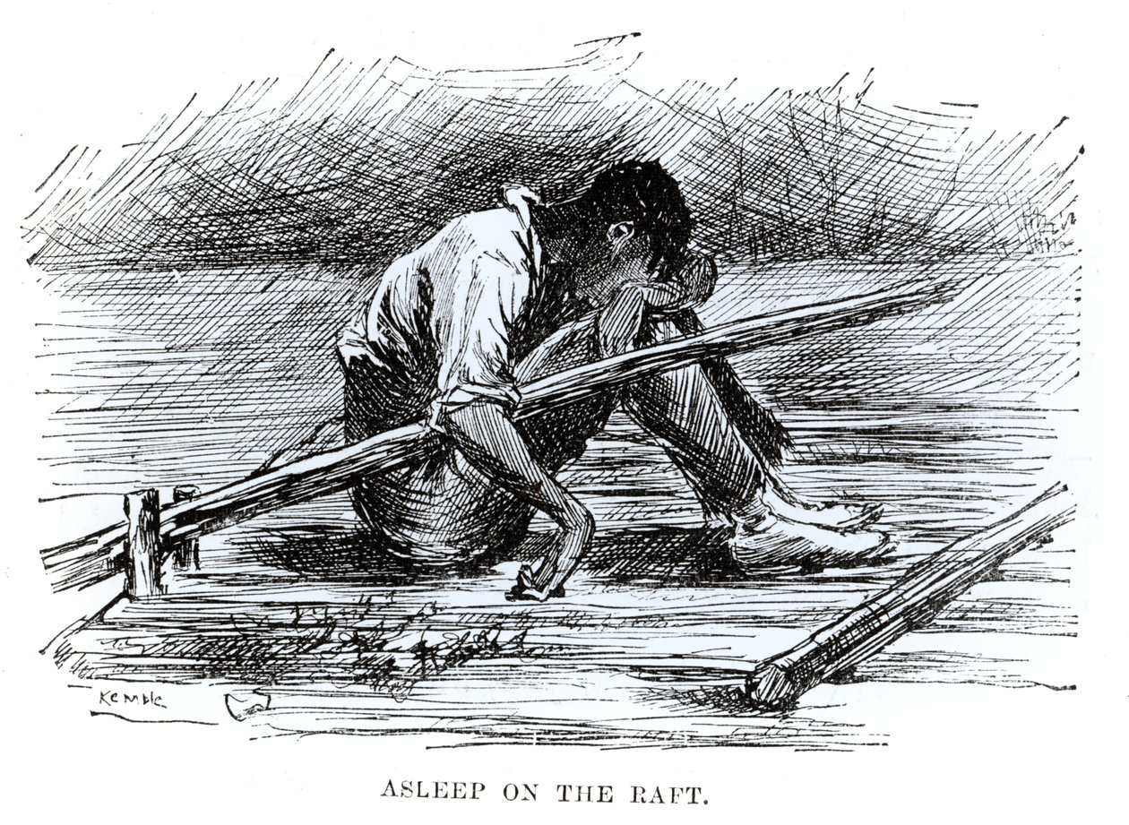 Alvás a tutajon, illusztráció a Huckleberry Finn kalandjaiból, Mark Twain (1835-1910) 1884 (metszet) (f/w fotó) alkotó: Edward Windsor Kemble