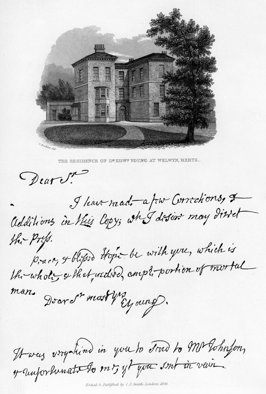 Edward Young levele és welwyn-i rezidenciája, Hertfordshire, 1740-es évek, 1840 alkotó: Edward Young