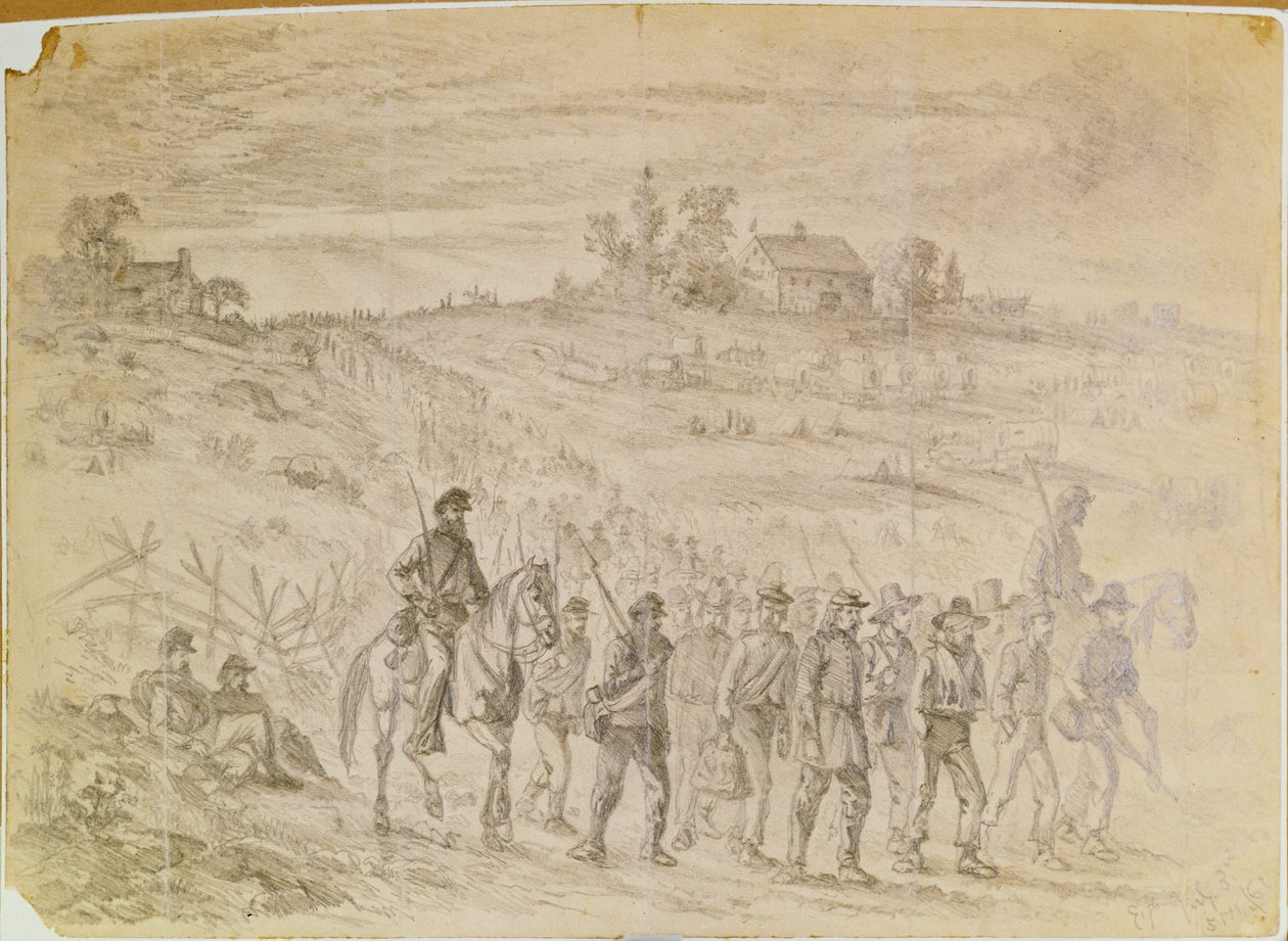 A gettysburgi csata: Longstreet tábornok hadtestéhez tartozó foglyokat a hátba vonuló uniós csapatok foglyul ejtettek el őrség alatt alkotó: Edwin Austin Forbes