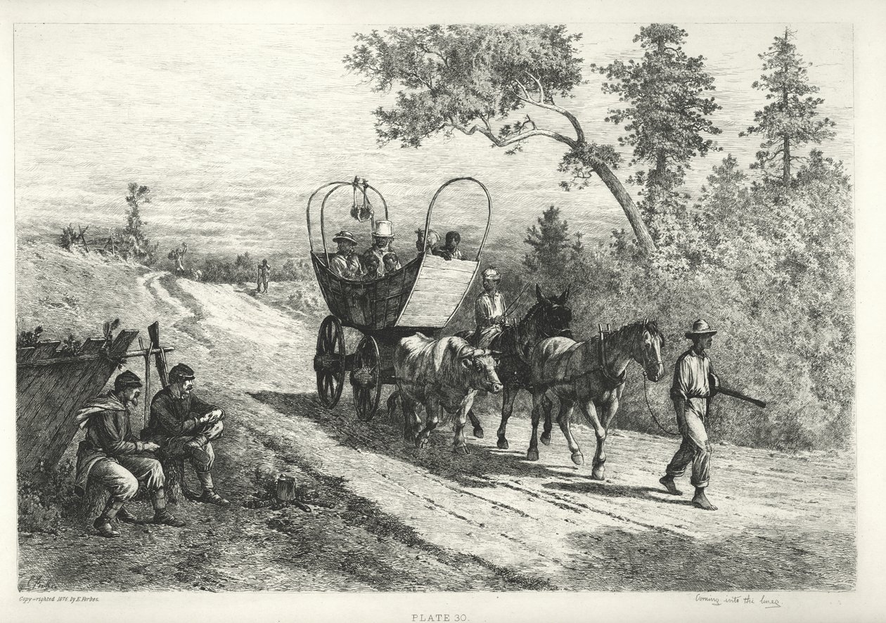 A kocsi nyoma, amelyet ökör, öszvér és ló rajzol alkotó: Edwin Austin Forbes