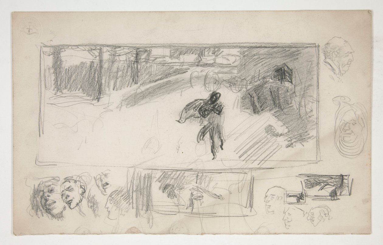 Válogatott vázlatok (recto); Vázlat egy köpenyes férfiról (verso) alkotó: Edwin Austin Abbey