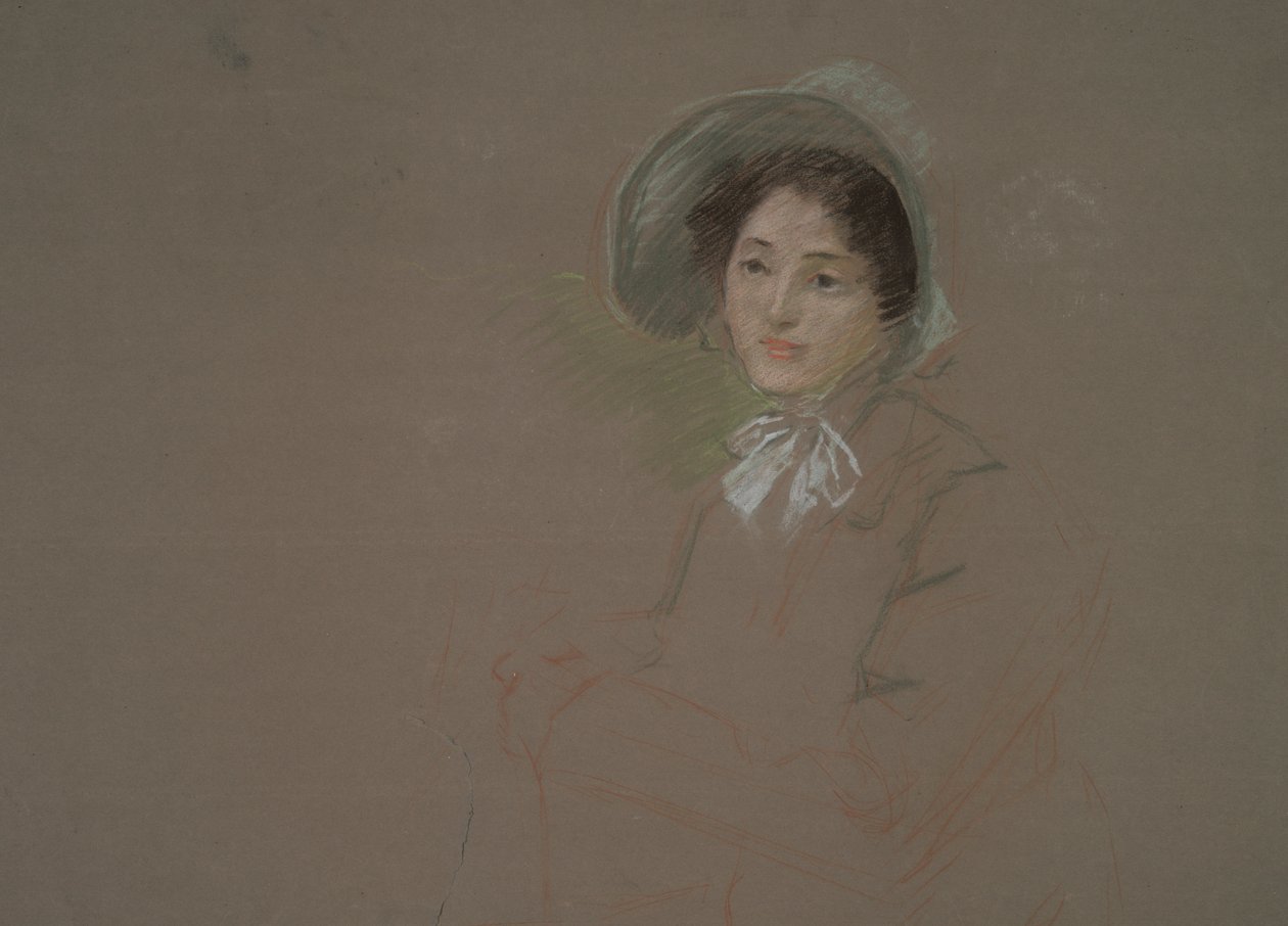 Egy motorháztetőt viselő nő mellig érő vázlata alkotó: Edwin Austin Abbey