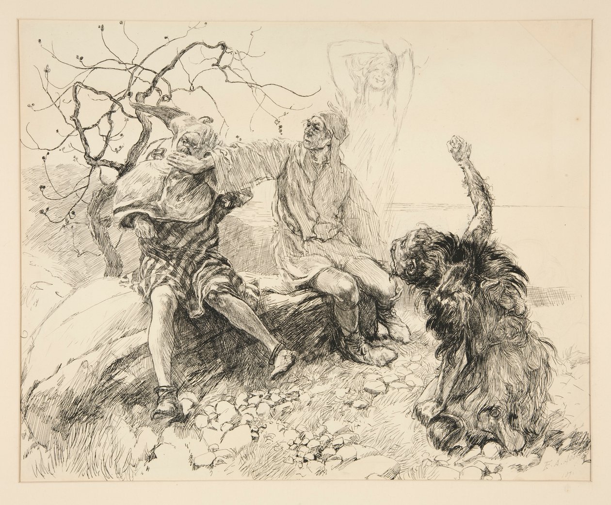 Caliban, Stephano és Trinculo (Ariel láthatatlan), illusztráció a II. felvonáshoz, ii. jelenet, A vihar alkotó: Edwin Austin Abbey