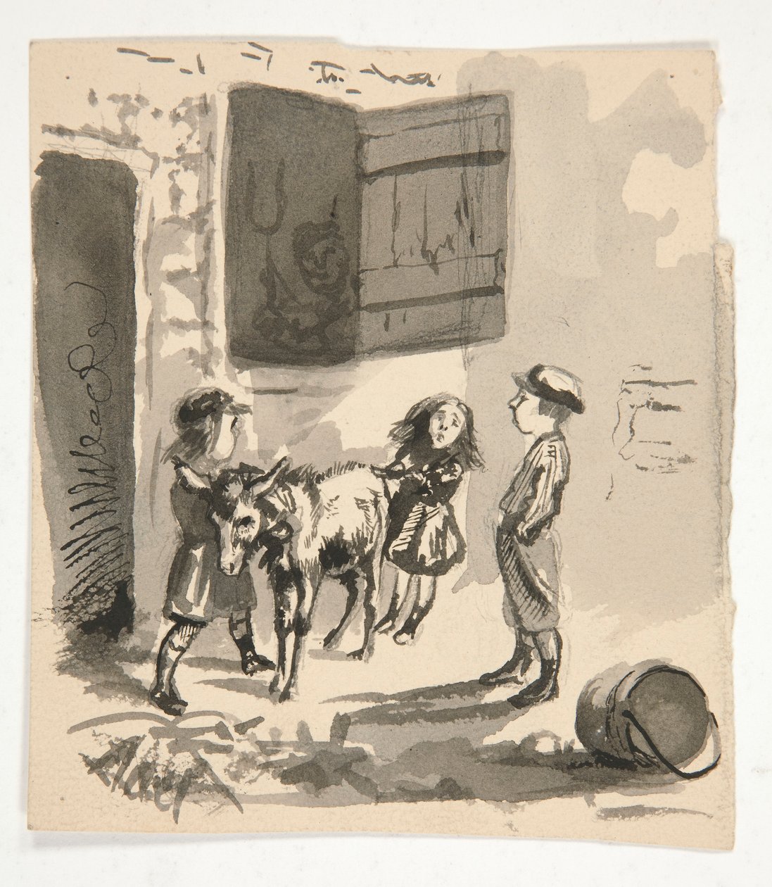 Gyerekek szamárral (recto); Egy orgonacsiszoló azonosítatlan illusztrációja (fordítva) alkotó: Edwin Austin Abbey