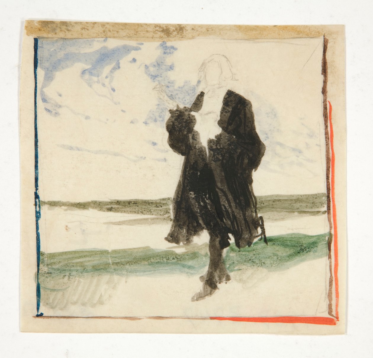 Köpönyeges férfi tájban - azonosítatlan illusztráció alkotó: Edwin Austin Abbey