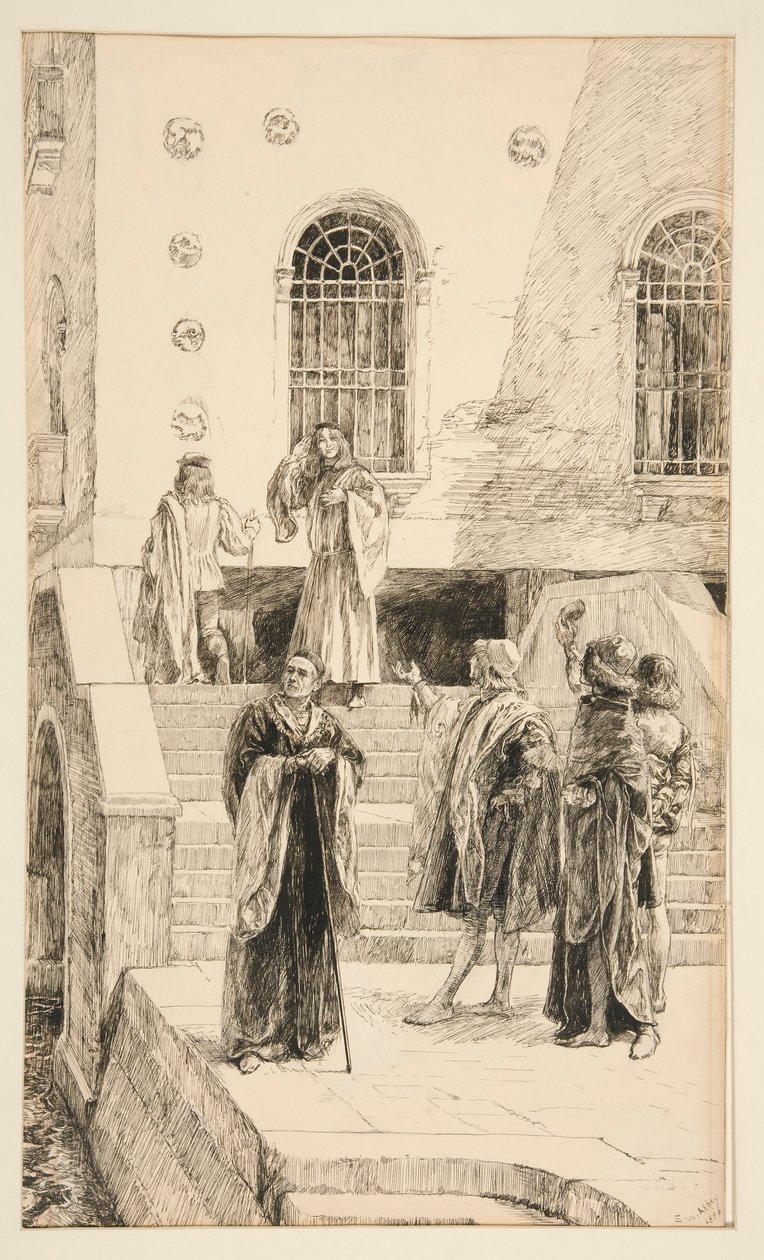 Exuens Salarino és Salanio, az I. felvonás i. jelenetéből, Velence kereskedője alkotó: Edwin Austin Abbey
