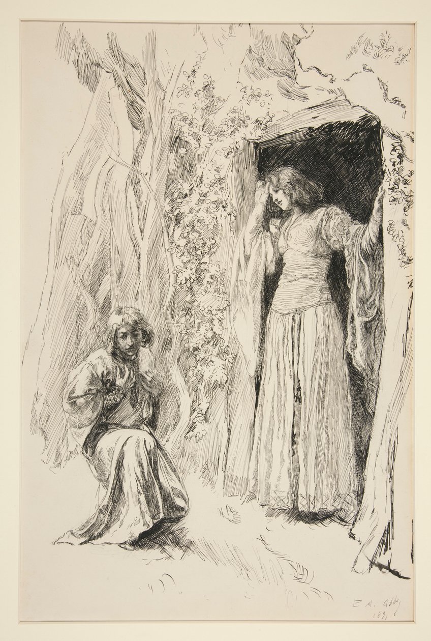 Ferdinand találkozik Mirandával, illusztráció a III. felvonás i. jelenetéhez, A vihar alkotó: Edwin Austin Abbey