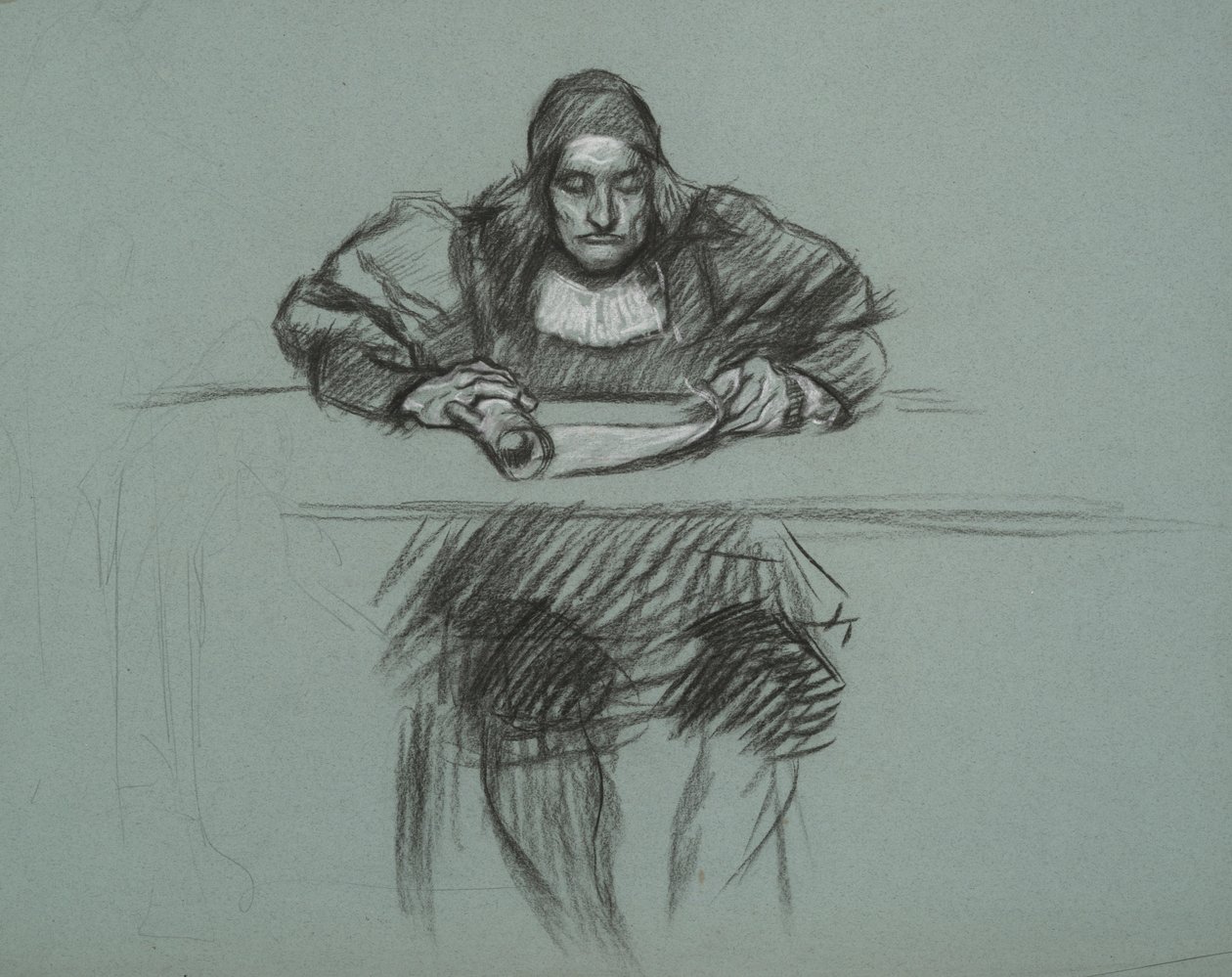 A Katalin királynő tárgyalásának figurája. íróasztalnál alkotó: Edwin Austin Abbey