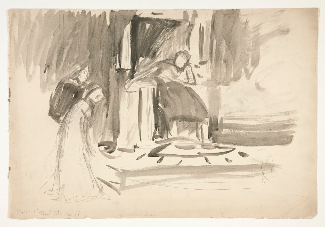 Ábra a trónon, két figurával körülvéve, vázlat egy azonosítatlan Shakespeare-darabhoz alkotó: Edwin Austin Abbey