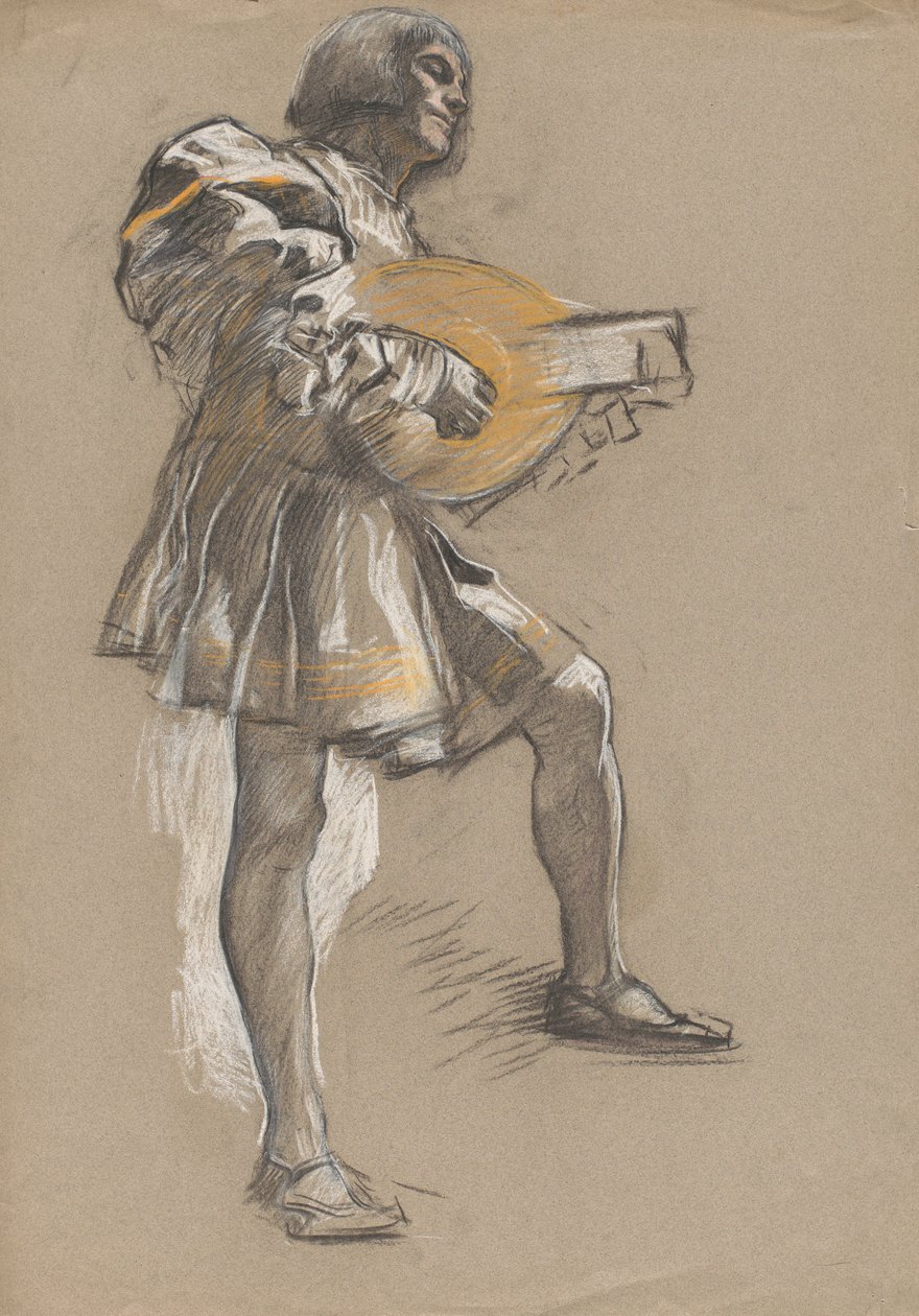 Mandolinos figura középkori viseletben. alkotó: Edwin Austin Abbey