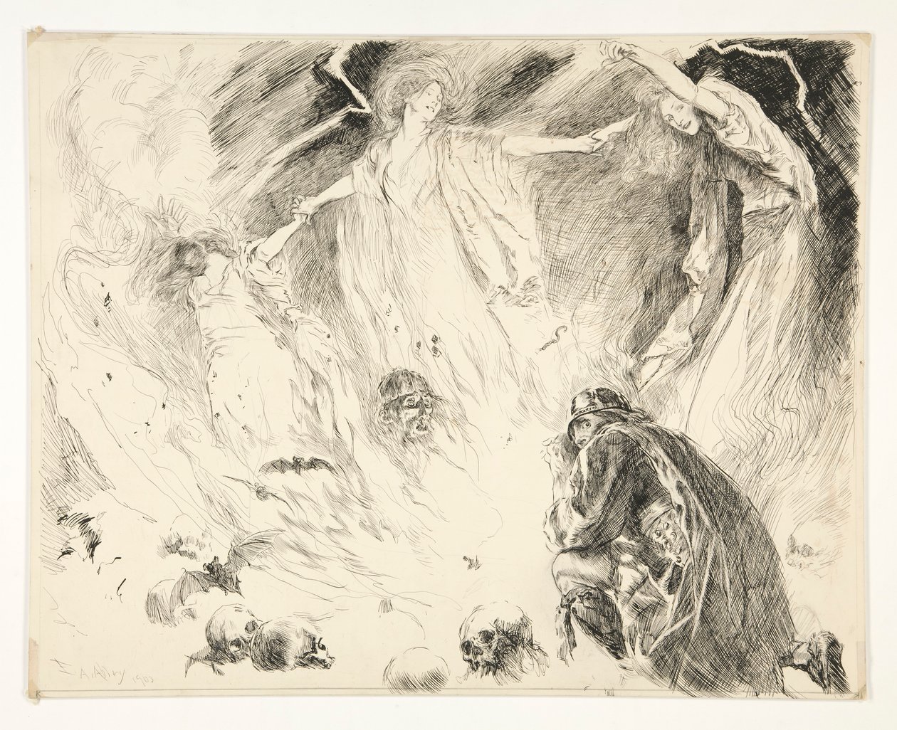 Első jelenés: Macbeth! Macbeth! Macbeth! vigyázz, Macduff., IV. felvonás, 1. jelenet, Macbeth alkotó: Edwin Austin Abbey