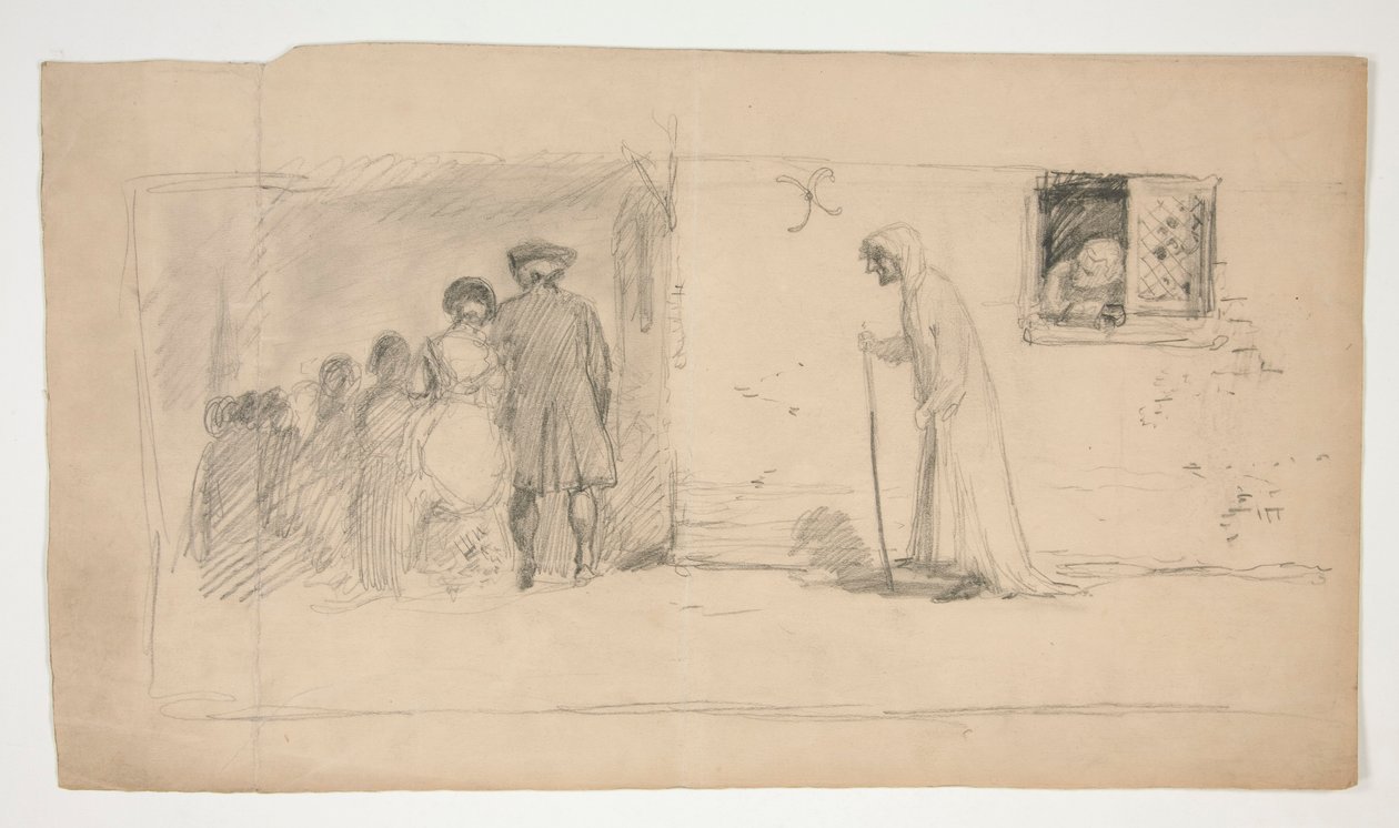Alakcsoport a kőházon kívül - azonosítatlan illusztráció alkotó: Edwin Austin Abbey