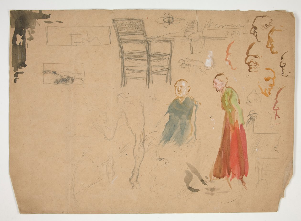 Fej- és alaktanulmányok, valamint Tanulmány egy székről (recto); Vázlatok könyvillusztrációkhoz (fordítva) alkotó: Edwin Austin Abbey