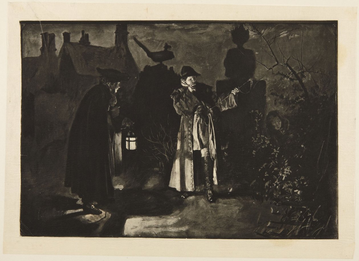 Illusztráció Goldsmith „She Stoops to Conquer” című művéhez: „Tévedek, vagy hangokat hallottam” alkotó: Edwin Austin Abbey
