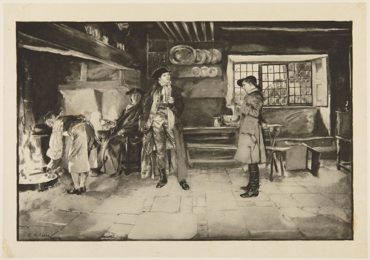 Illusztráció Goldsmith She Stoops to Conquer című művéhez: „Nincs sértődés, de kérdésre kérdéssel felelni teljesen igazságos, tudja“ alkotó: Edwin Austin Abbey