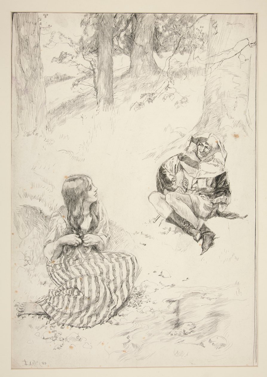 Jester és nő, vázlat a Nárcisz dalhoz alkotó: Edwin Austin Abbey