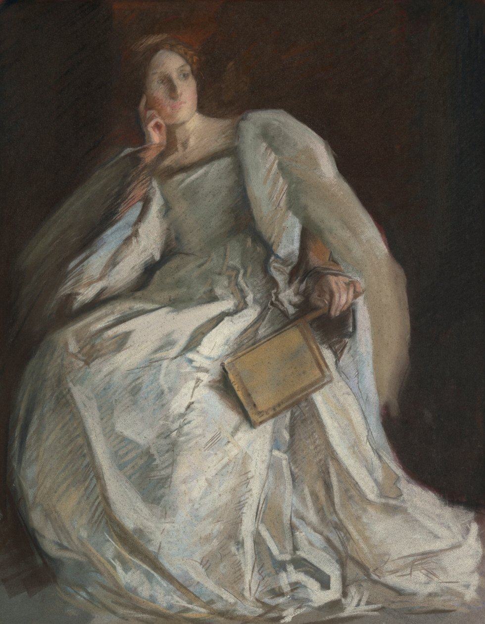 Fehér ruhás hölgy ülő. Jobb kéz az állhoz. Holding Fan. alkotó: Edwin Austin Abbey