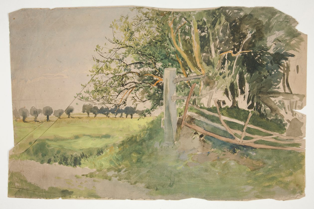 Táj fákkal és törött kerítéssel alkotó: Edwin Austin Abbey