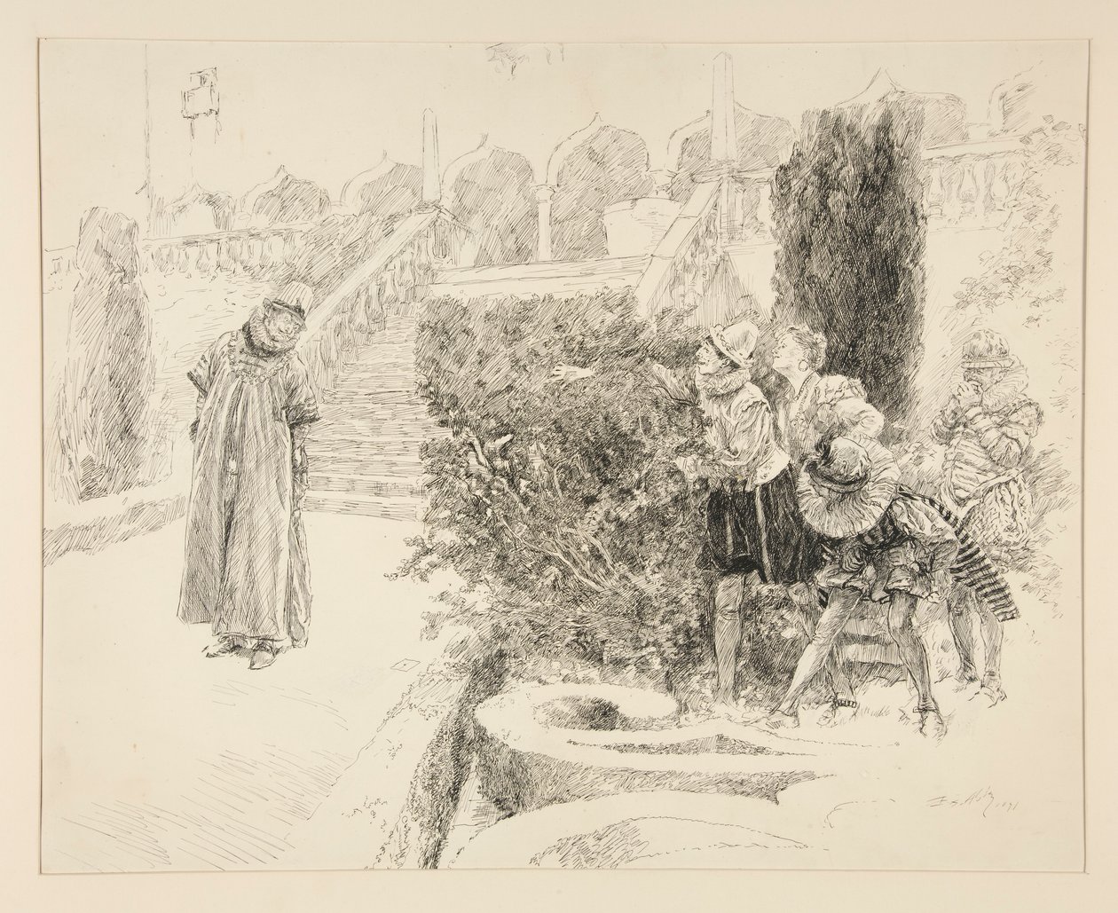 Malvolio megtalálja a levelet, a II. felvonás, v. jelenet, tizenkettedik éjszaka illusztrációját alkotó: Edwin Austin Abbey