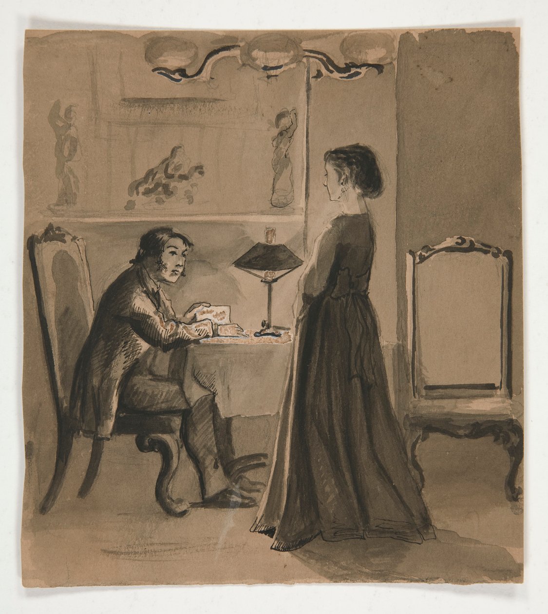 Férfi és nő egy belső térben - azonosítatlan illusztráció alkotó: Edwin Austin Abbey