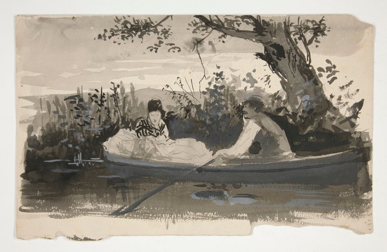 Férfi és nő evezős csónakban, a folyópart közelében - azonosítatlan illusztráció alkotó: Edwin Austin Abbey