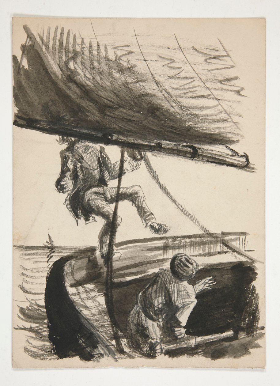 ember, aki a fedélzetre borul, a vitorlás gémje (recto); Azonosítatlan illusztrációja fiú ragyogó ember alkotó: Edwin Austin Abbey