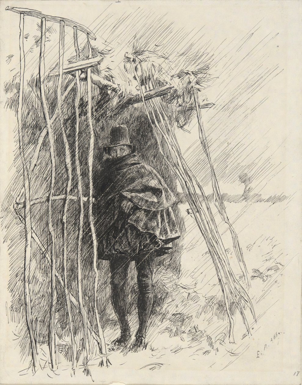 Ember esőben, tanulmány illusztrációnak alkotó: Edwin Austin Abbey