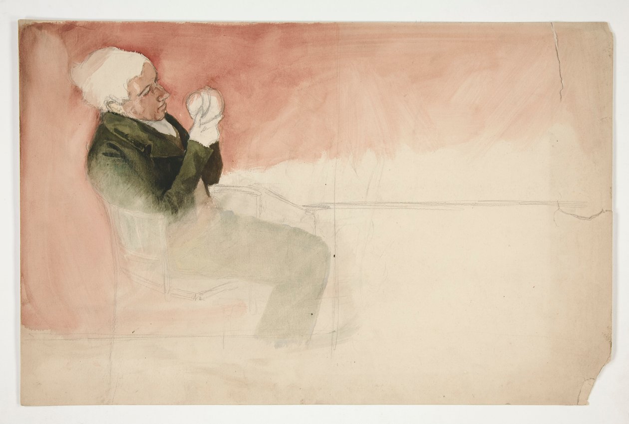 Férfi ülve, egy tál belsejét vizsgálja – (azonosítatlan illusztráció) alkotó: Edwin Austin Abbey
