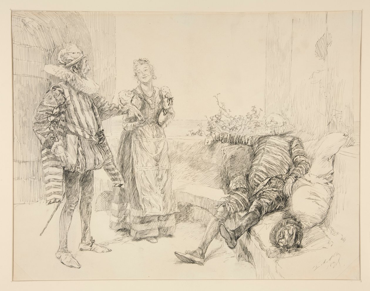 Maria, Sir Andrew és Toby, illusztráció az I. felvonáshoz, 3. jelenet, Tizenkettedik éjszaka alkotó: Edwin Austin Abbey