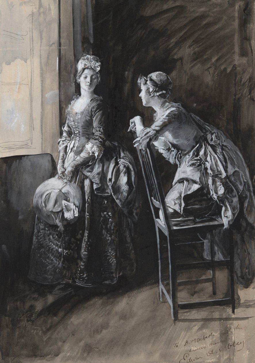 Miss Neville és Miss Hardcastle, Oliver Goldsmith illusztrációja alkotó: Edwin Austin Abbey