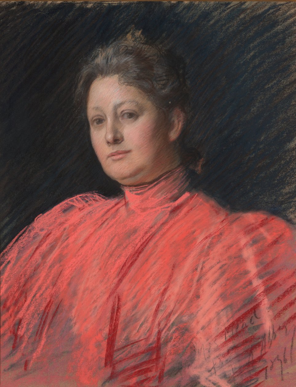 Mrs. Abbey portréja rózsaszín ruhában, derékig érően alkotó: Edwin Austin Abbey