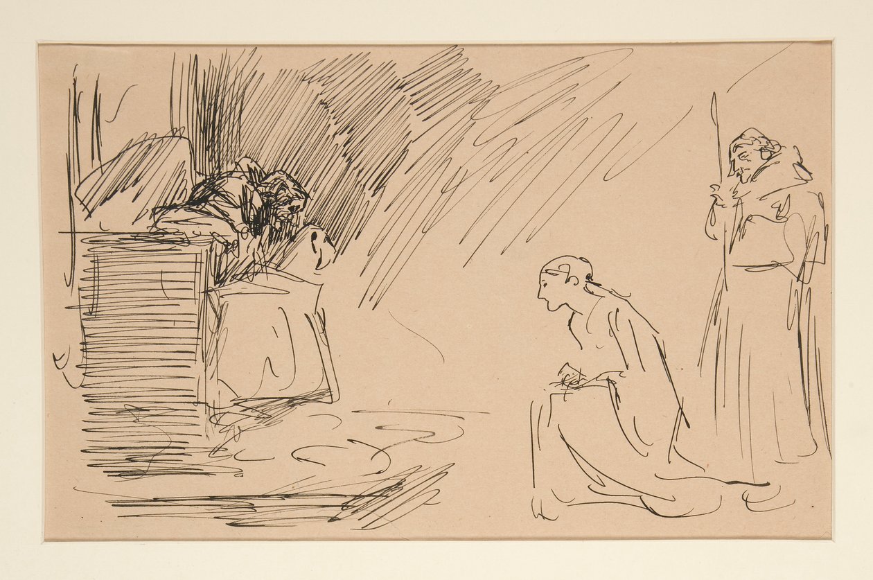 Előzetes vázlat a II. felvonás I. jelenethez, Összes alkotó: Edwin Austin Abbey