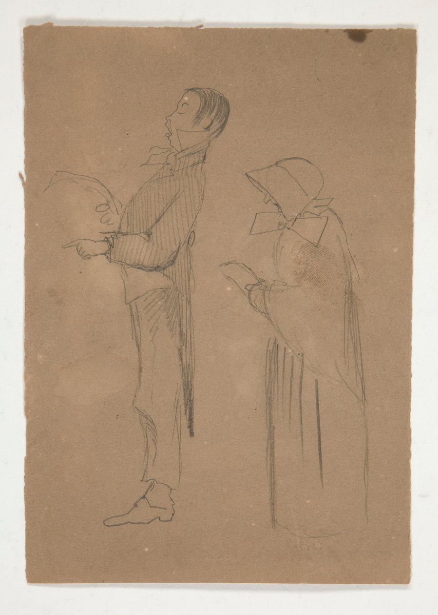 Profiltanulmányok férfiról és öregasszonyról (recto); Három fejvázlat és azonosítatlan vázlat (fordítva) alkotó: Edwin Austin Abbey