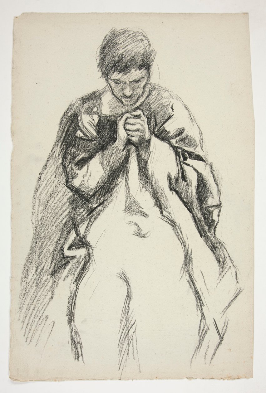 Köpenyes alak, imádkozik: tanulmány a The Quest of the Holy Grail falfestménysorozathoz a Boston Public Library-ben alkotó: Edwin Austin Abbey