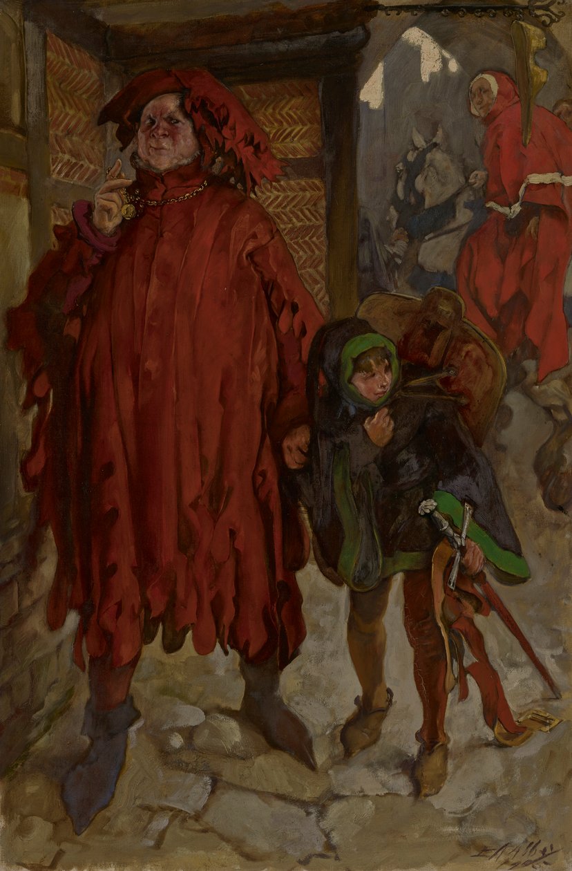 Sir John Falstaff a lapjával, IV. Henrik király, II. rész, I. felvonás, II. jelenet alkotó: Edwin Austin Abbey